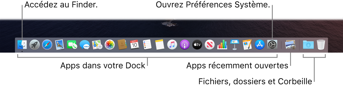 Le Dock affichant le Finder, les Préférences Système et le trait dans le Dock séparant les apps des fichiers et dossiers.