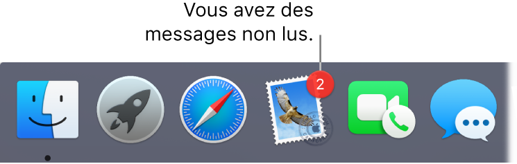 Section du Dock reprenant l’icône de l’app Mail et un médaillon, indiquant les messages non lus.