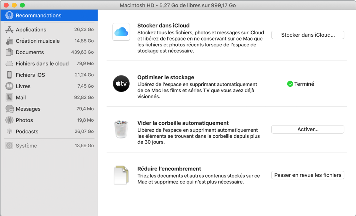 Les préférences Recommandations pour le stockage, présentant les options Stocker dans iCloud, Optimiser le stockage, Vider la corbeille automatiquement et Réduire l’encombrement.