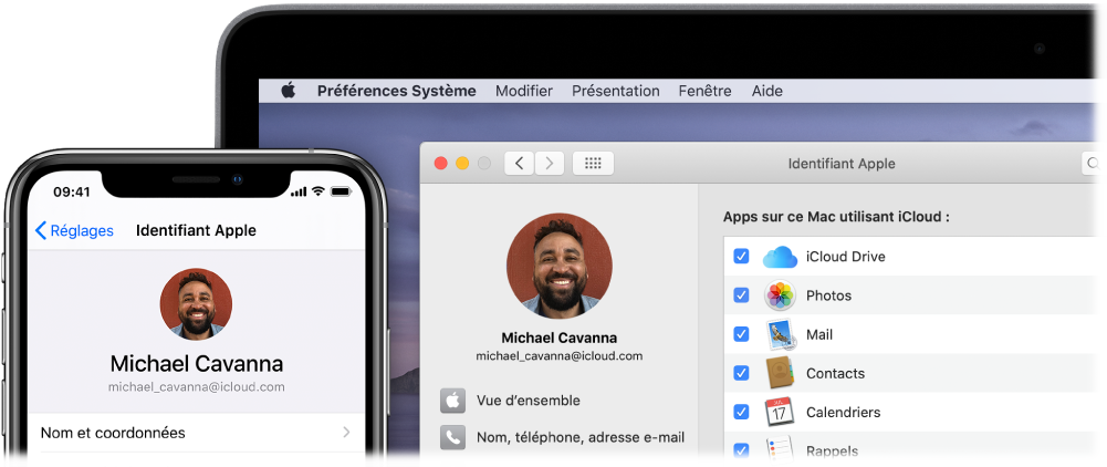 Un iPhone affichant les réglages iCloud, et l’écran d’un Mac affichant la fenêtre iCloud.