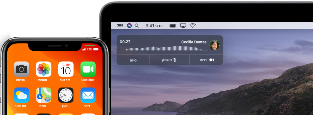 מסך של Mac המציג את חלון העדכון על שיחות בפינה הימנית העליונה, ו‑iPhone המראה שמתקיימת שיחה דרך ה‑Mac.