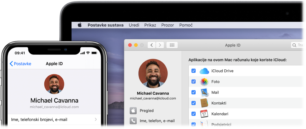 iPhone prikazuje iCloud postavke, a zaslon Maca prikazuje iCloud prozor.