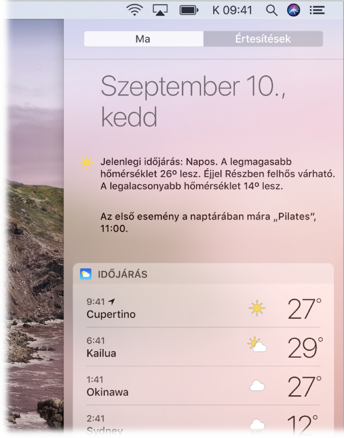 Az íróasztal képernyőjének egy része az Értesítési központtal, amelyen a Ma lap van kiválasztva.
