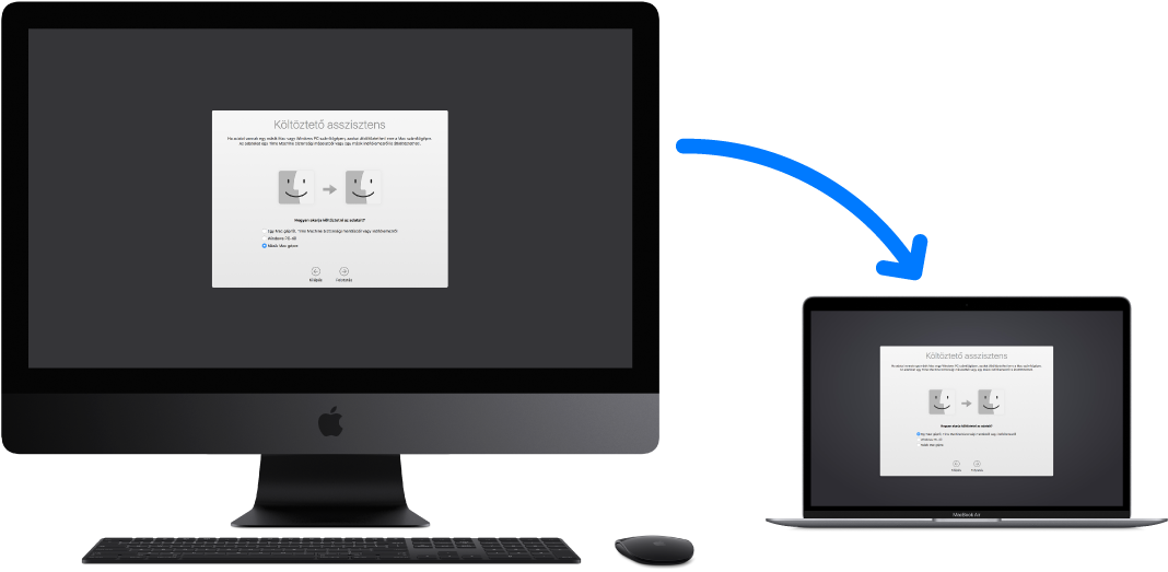 Egy régi iMac gép, rajta a Költöztető asszisztens képernyőjével összekapcsolva az új MacBook Air géppel, amelyen szintén a Költöztető asszisztens képernyője látható.