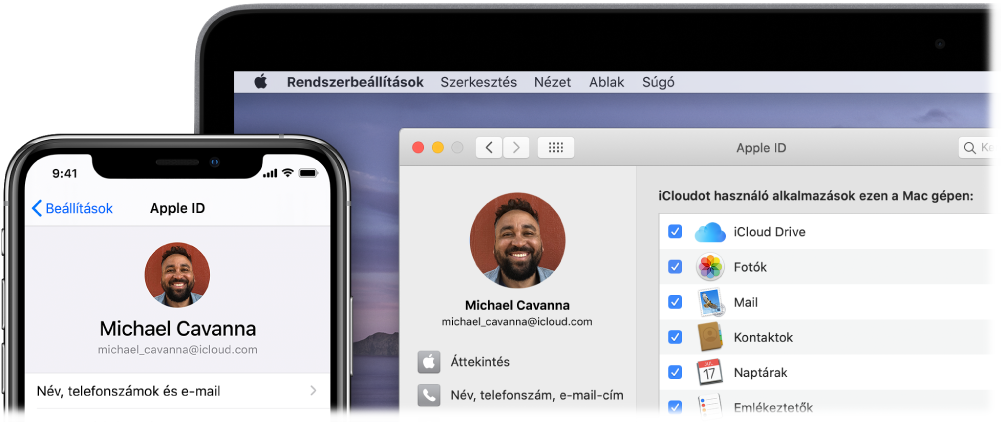 Egy iPhone, amely az iCloud beállításait jeleníti meg, és egy Mac képernyője, amelyen az iCloud ablaka látható.