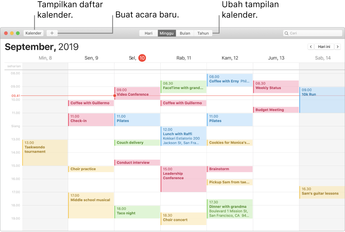 Jendela Kalender menampilkan cara membuat acara, menampilkan daftar kalender, dan memilih tampilan Hari, Minggu, Bulan, atau Tahun.