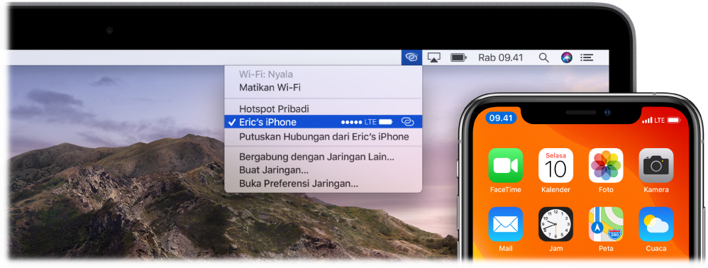 Layar Mac dengan menu Wi-Fi menampilkan Hotspot Pribadi yang terhubung ke iPhone.