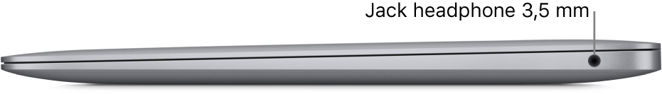 Tampilan sisi kanan MacBook Air dengan keterangan mengenai jack headphone 3,5 mm.