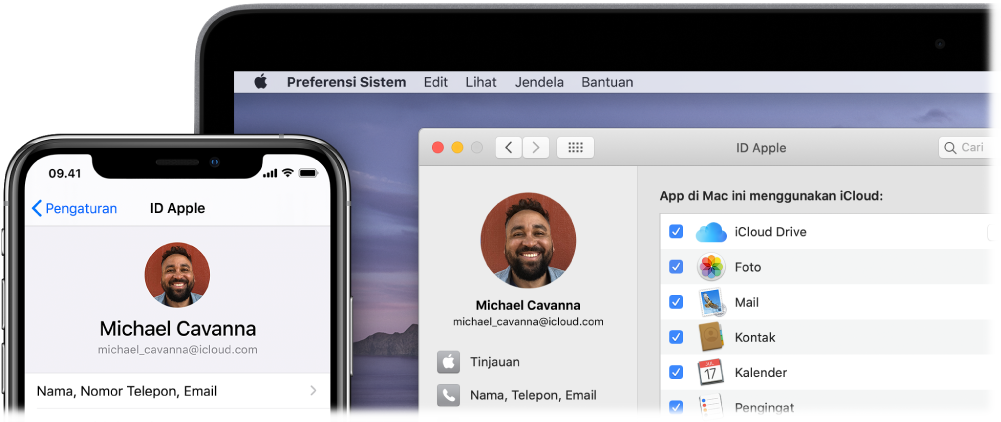 iPhone menampilkan pengaturan iCloud, dan layar Mac menampilkan jendela iCloud.