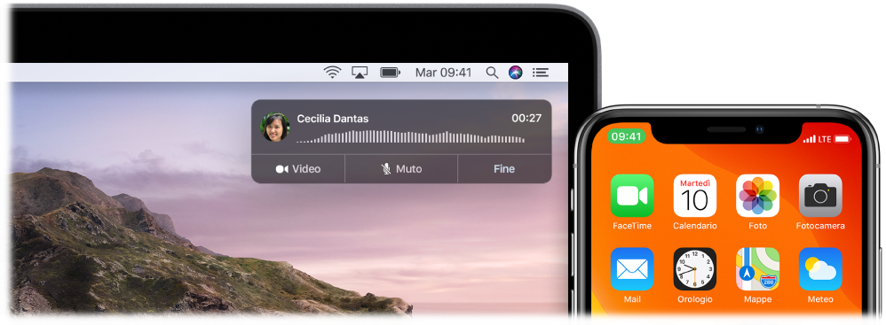 Schermo del Mac con la finestra di notifica della chiamata nell'angolo superiore destro e un iPhone in cui si vede che è in corso una chiamata tramite Mac.