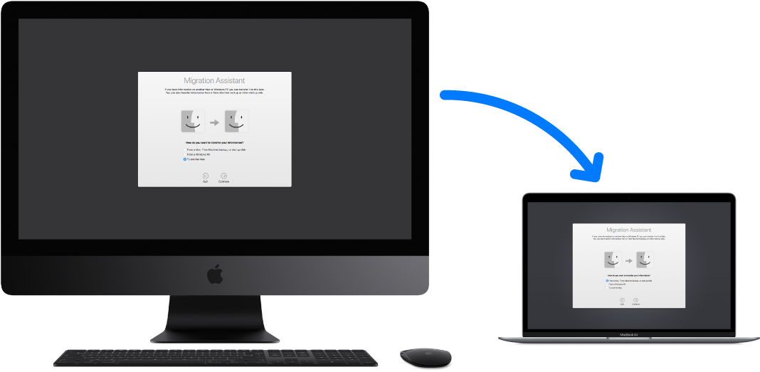 Migration Assistant экраны ашық тұрған жаңа MacBook Air компьютеріне қосылған Migration Assistant экранын көрсетіп тұрған ескі iMac.