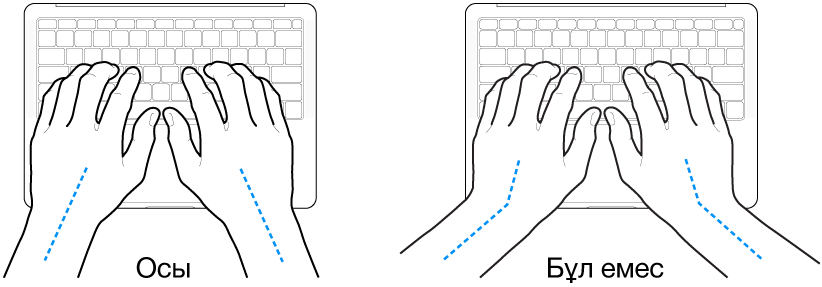 Білек пен қолдың дұрыс және дұрыс емес туралауын көрсетіп тұрған үстінде қолдар бар пернетақта.