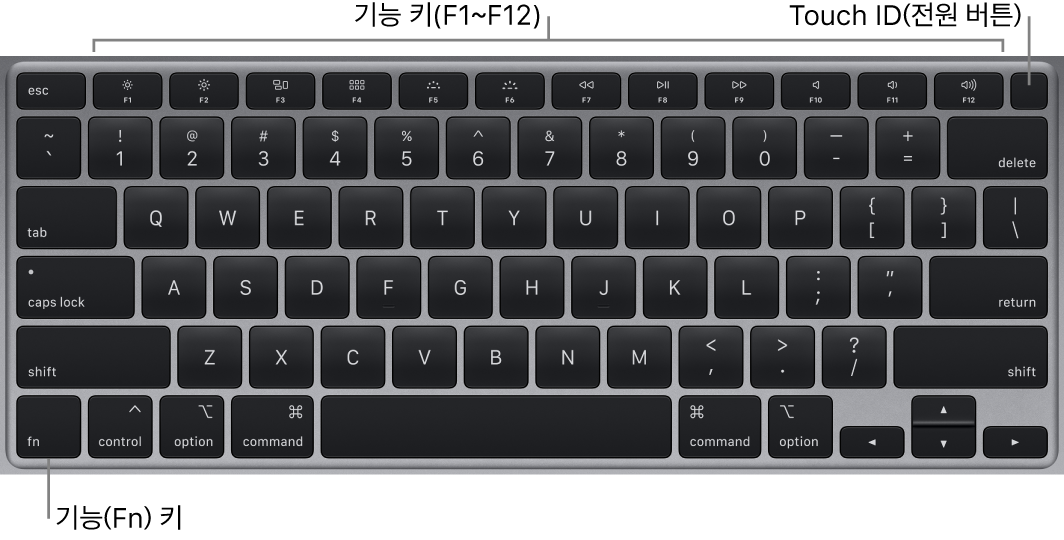 상단 전체에 있는 기능 키와 Touch ID 전원 버튼 및 키보드의 왼쪽 하단 모서리에 있는 Fn(기능) 키를 보여주는 MacBook Air 키보드.
