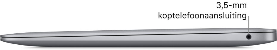 Het rechteraanzicht van een MacBook Air, met bijschrift voor de koptelefoonaansluiting van 3,5 mm.