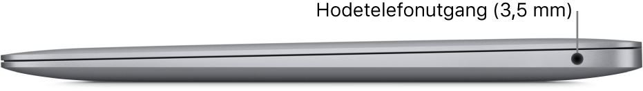 Høyre side av en MacBook Air, med bildeforklaringer for hodetelefonutgangen (3,5 mm).