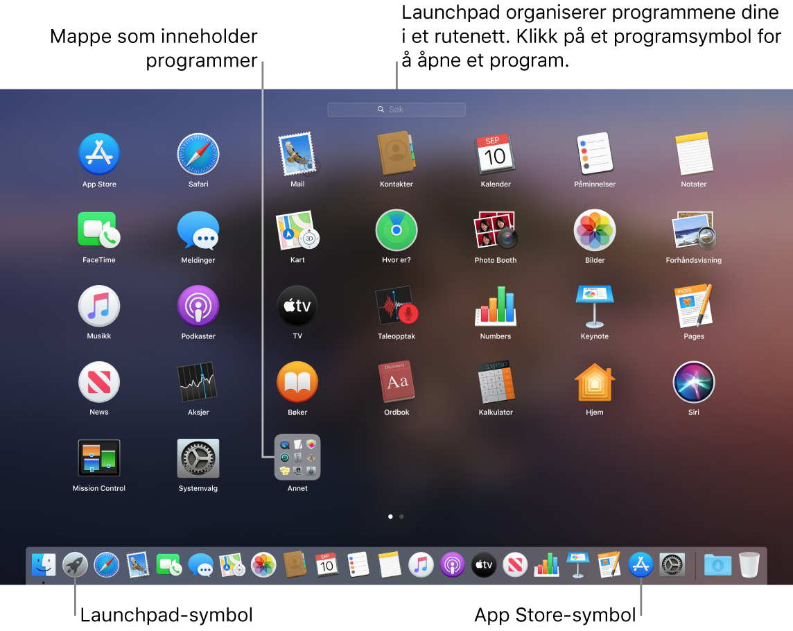 En Mac-skjerm med Launchpad åpent, som viser en mappe med programmer i Launchpad og Launchpad- og Mac App Store-symbolene i Dock.