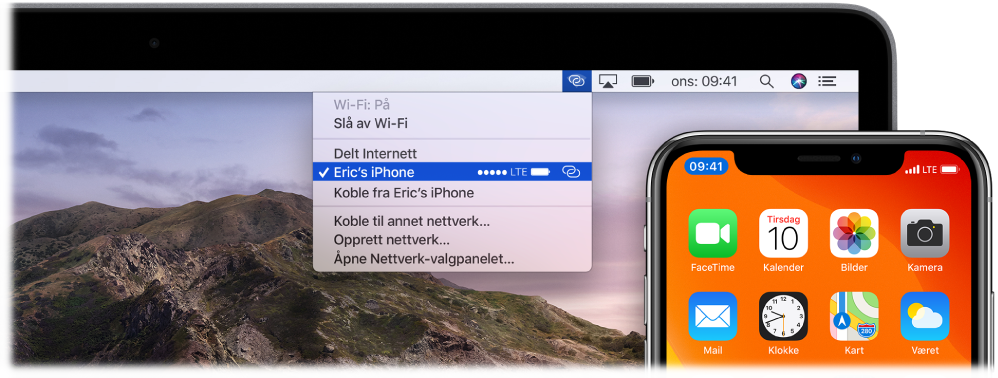 En Mac-skjerm som viser menyen for trådløst nettverk som vises som et Delt internett-tilgangspunkt koblet til en iPhone.