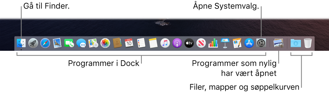 Dock, som viser Finder, Systemvalg og linjen i Dock som skiller programmer fra filer og mapper.