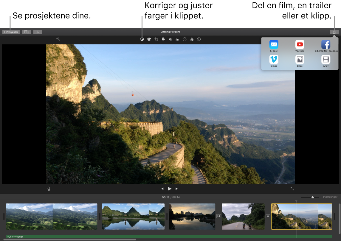 Et iMovie-vindu som viser knappene for å se prosjekter, korrigere og justere farger og dele filmen, traileren eller filmklippet.