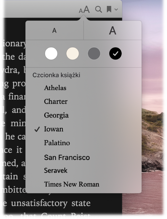 Ilustracja przedstawiająca stronę w aplikacji Książki oraz menu wyglądu.