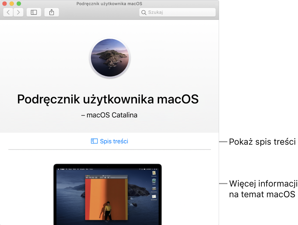 Strona powitalna Podręcznika użytkownika macOS oraz łącze do Spisu treści.