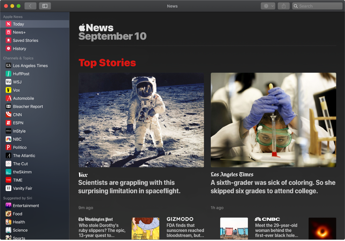 Okno aplikacji News zawierające listę obserwowanych źródeł oraz widok Top Stories.
