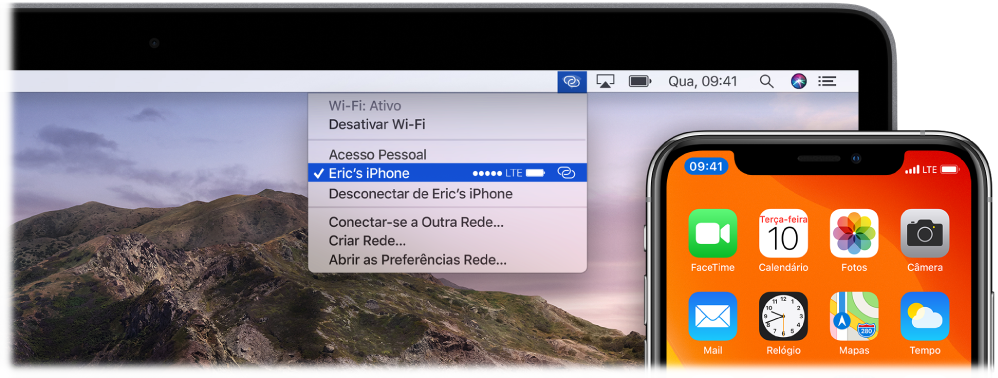 Tela do Mac com o menu Wi-Fi, mostrando um Acesso Pessoal conectado a um iPhone.