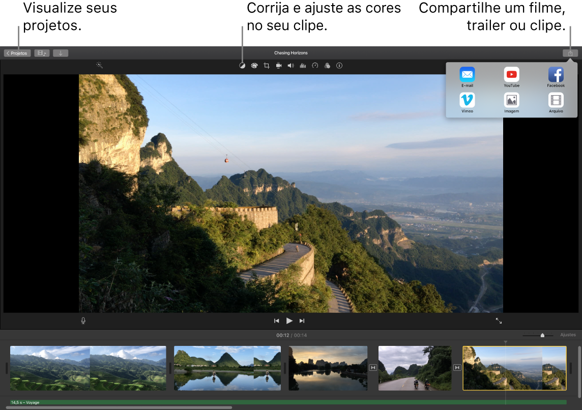 Uma janela do iMovie mostrando botões para visualizar projetos, corrigir e ajustar cores e compartilhar o filme, trailer ou clipe de vídeo.