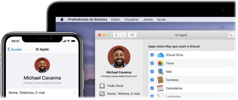 Um iPhone mostrando os ajustes do iCloud e a tela de um Mac mostrando a janela do iCloud.