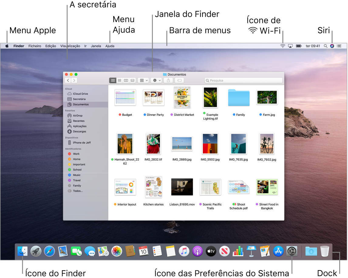 Ecrã do Mac que mostra o menu Apple, a secretária, o menu Ajuda, uma janela do Finder, a barra de menus, o ícone de Wi-Fi, o ícone de interação com Siri, o ícone do Finder, o ícone das Preferências do Sistema e a Dock.