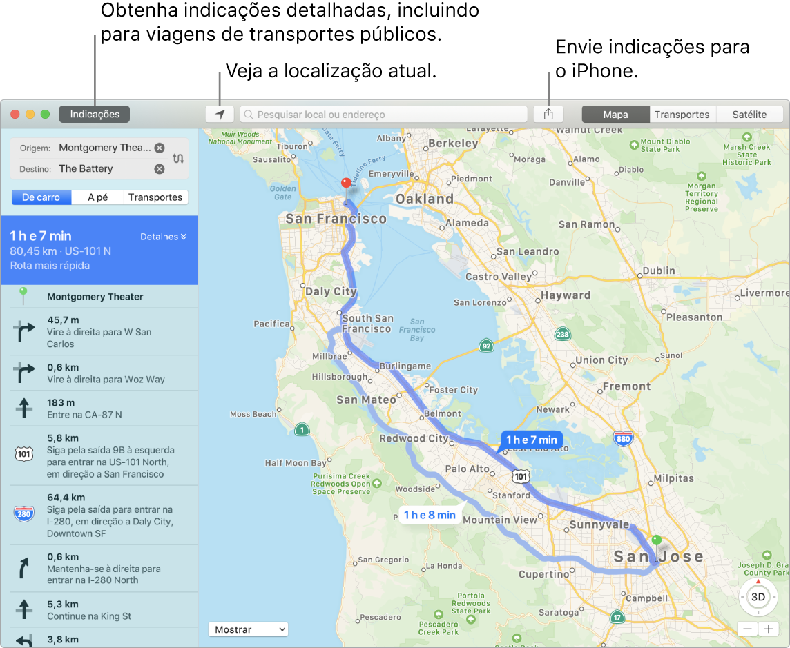 Uma janela de Mapas a mostrar como obter indicações clicando em Indicações em cima à esquerda, e como enviar indicações para o iPhone através do botão Partilhar.