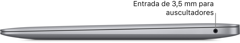 Vista do lado direito de um MacBook Air, com chamadas para a ficha de 3,5 mm para auscultadores.