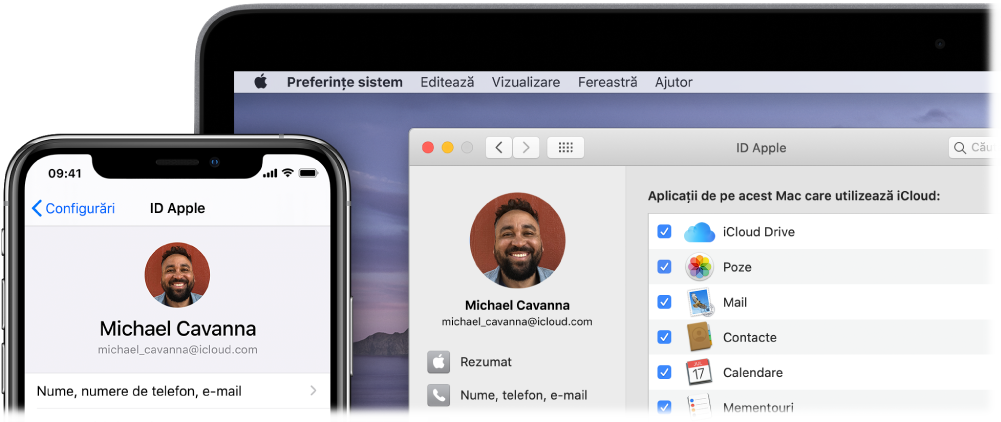 Un iPhone care afișează configurările pentru iCloud și un ecran Mac care afișează fereastra iCloud.