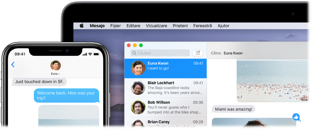 Aplicația Mesaje deschisă pe un Mac, afișând aceeași conversație în Mesaje pe un iPhone.
