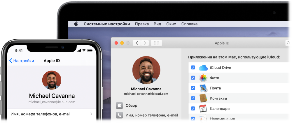 iPhone, на котором показаны настройки iCloud, и экран Mac, на котором отображается окно iCloud.