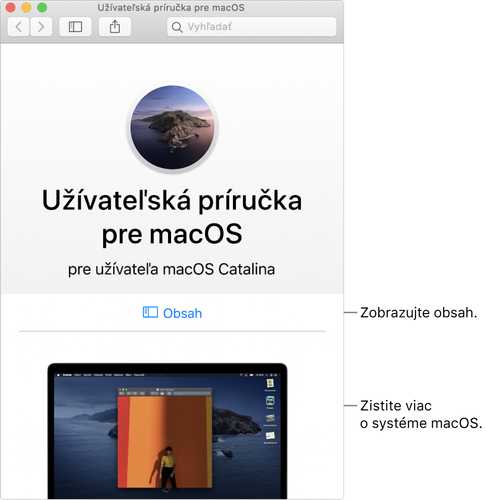 Úvodná obrazovka Príručky užívateľa pre macOS zobrazujúca odkaz na obsah.