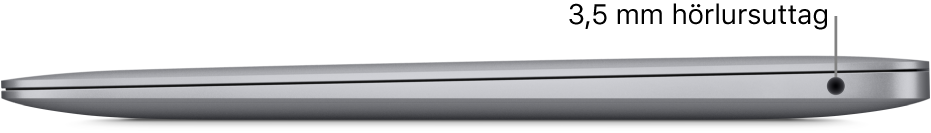 Högra sidan på en MacBook Air med streck som pekar mot ett 3,5 mm hörlursuttag.