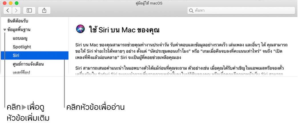 ตัวแสดงวิธีใช้ที่แสดงวิธีการดูหัวข้อต่างๆ จะอยู่ในรายการแถบข้างและวิธีการแสดงเนื้อหาของหัวข้อ