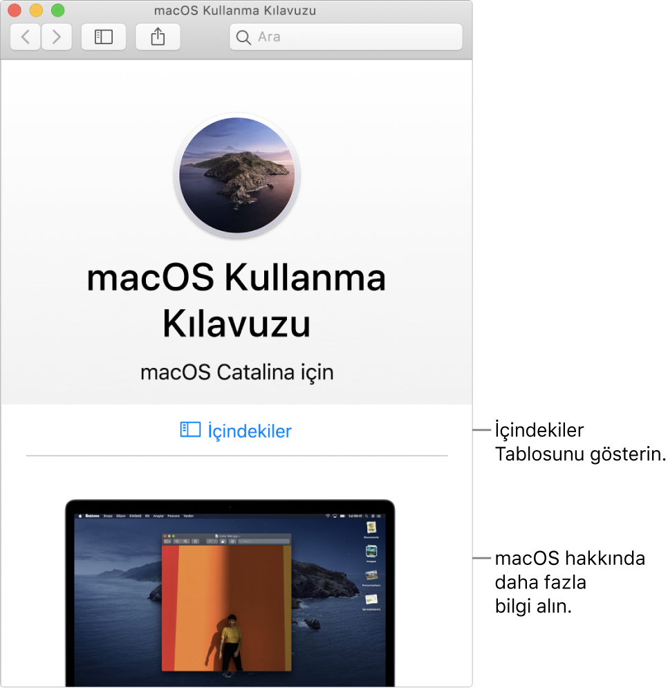 İçindekiler bağlantısını gösteren macOS Kullanma Kılavuzu hoş geldiniz sayfası.