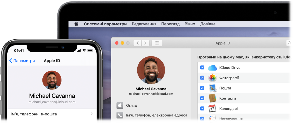 Пристрій iPhone із параметрами iCloud і екран Mac, на якому показано вікно iCloud.