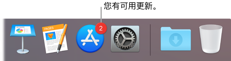 程序坞的一部分，显示包含有可用更新标记的 App Store 图标。