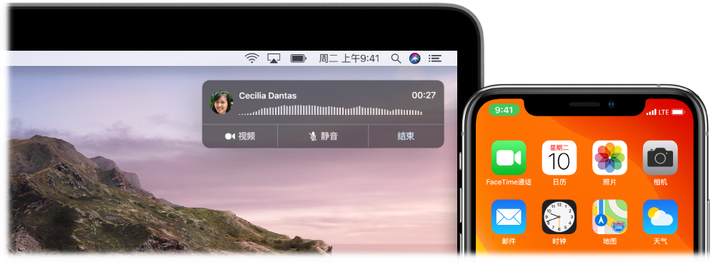 右上角显示通话通知窗口的 Mac 屏幕,和显示正在通过 Mac 进行通话的 iPhone。