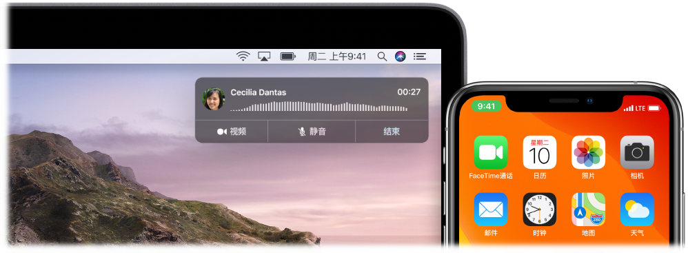 右上角显示通话通知窗口的 Mac 屏幕，和显示正在通过 Mac 进行通话的 iPhone。
