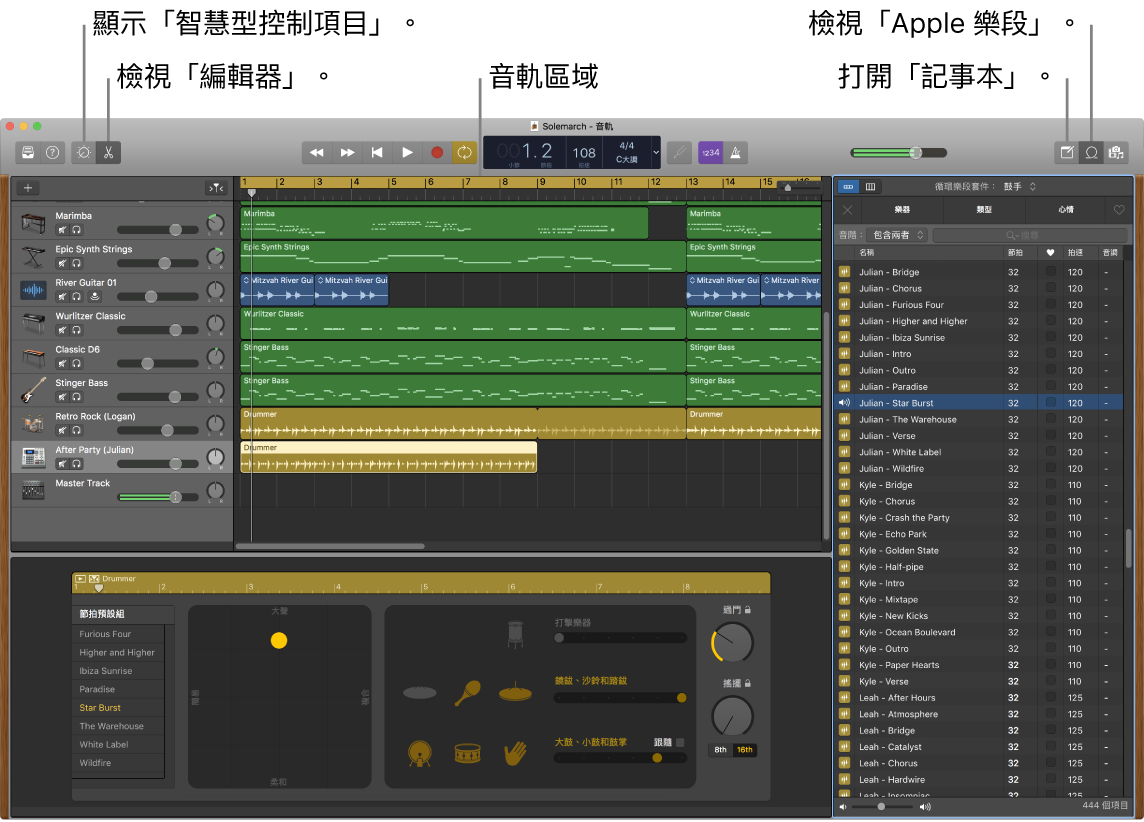 GarageBand 視窗，顯示取用「智慧型控制項目」、「編輯器」、「音符」和「Apple 樂段」的按鈕。其也會顯示音軌顯示區。