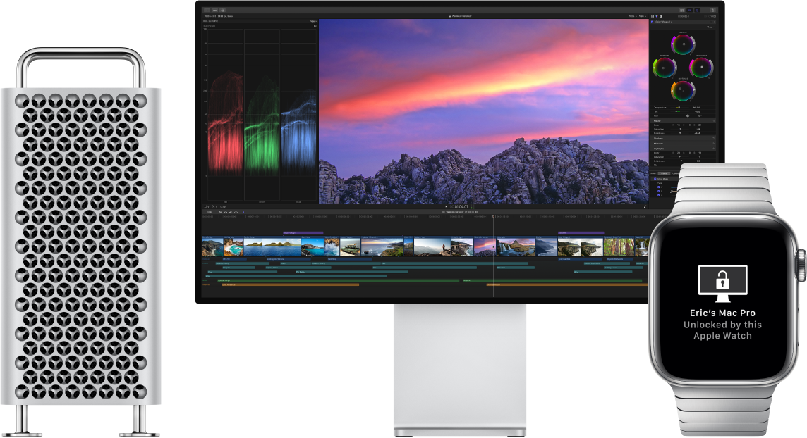 A Mac Pro and its display, next to an Apple Watch showing a message that the Mac has been unlocked by the watch.