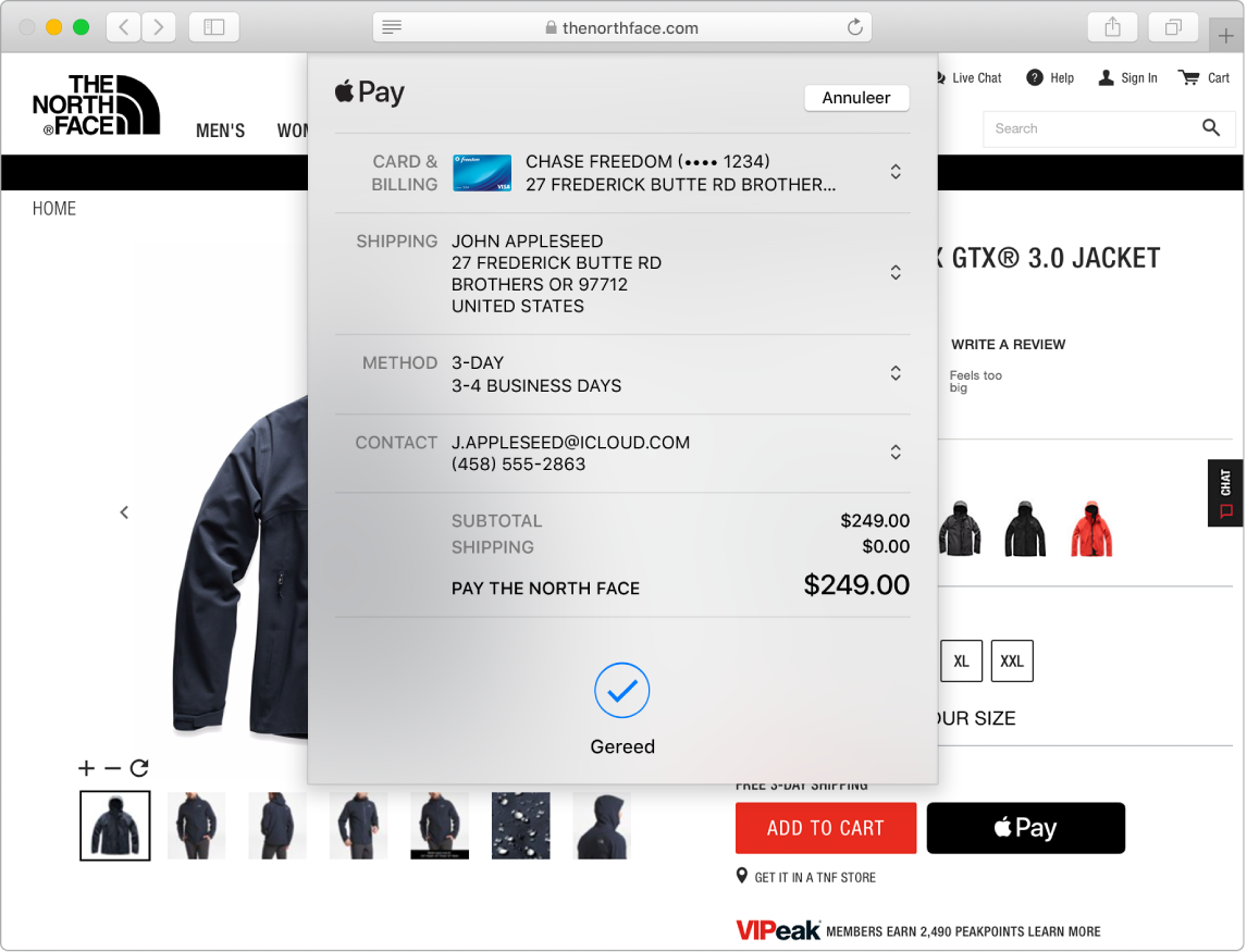 Een Mac-scherm met een online-aankoop in Safari waarbij de Apple Pay-optie wordt gebruikt.