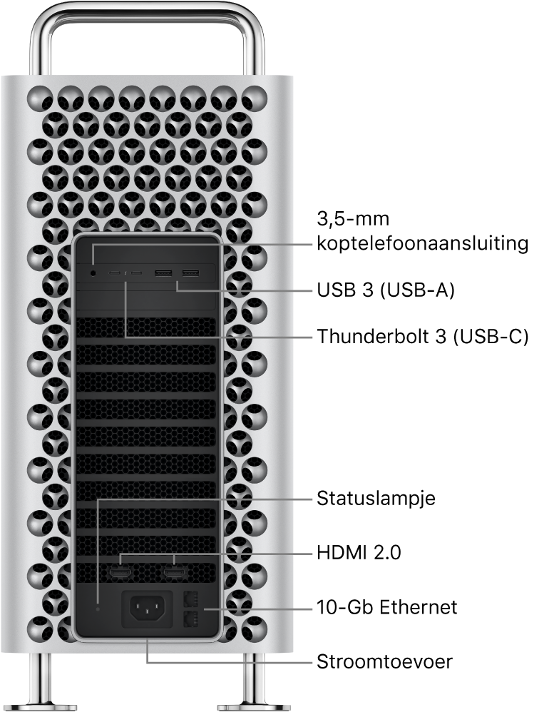 De zijkant van de Mac Pro met de 3,5-mm koptelefoonaansluiting, twee USB-A-poorten, twee Thunderbolt 3-poorten (USB-C), een statuslampje, twee HDMI 2.0-poorten, twee 10 Gigabit Ethernet-poorten en een poort voor het netsnoer.