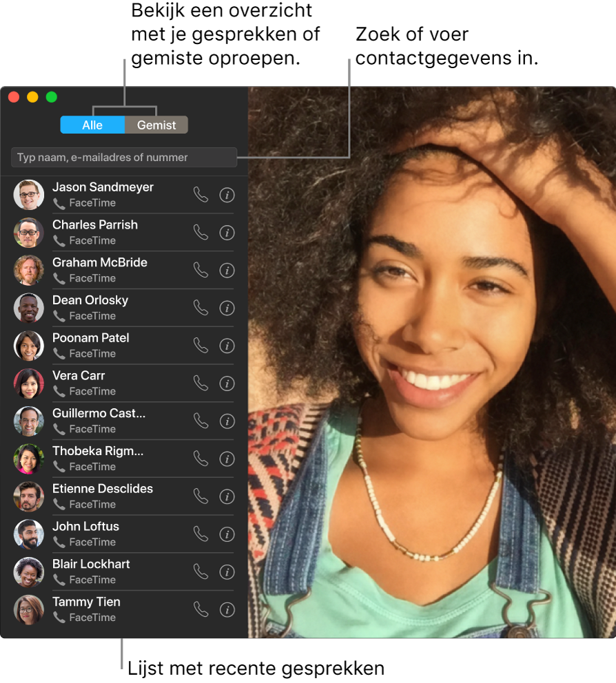 Een FaceTime-venster waarin wordt aangegeven hoe je een video- of audiogesprek voert, hoe je het zoekveld gebruikt om contactgegevens in te voeren of ernaar te zoeken, en hoe je de lijst met recente gesprekken bekijkt.