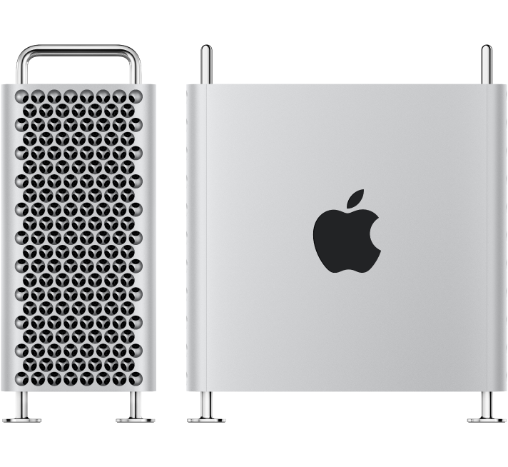 Twee afbeeldingen van een Mac Pro: één van het uiteinde en één van de zijkant.