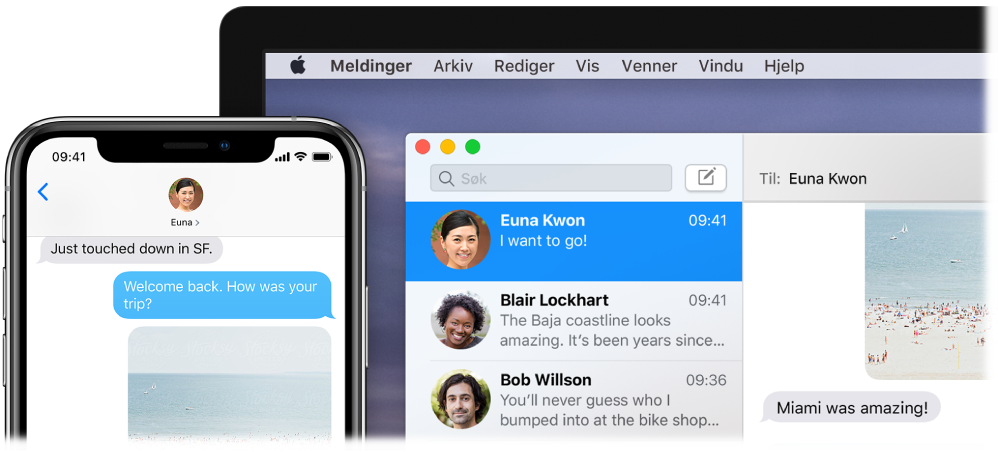 Meldinger-programmet åpent på en Mac som viser samme samtale i Meldinger på en iPhone.